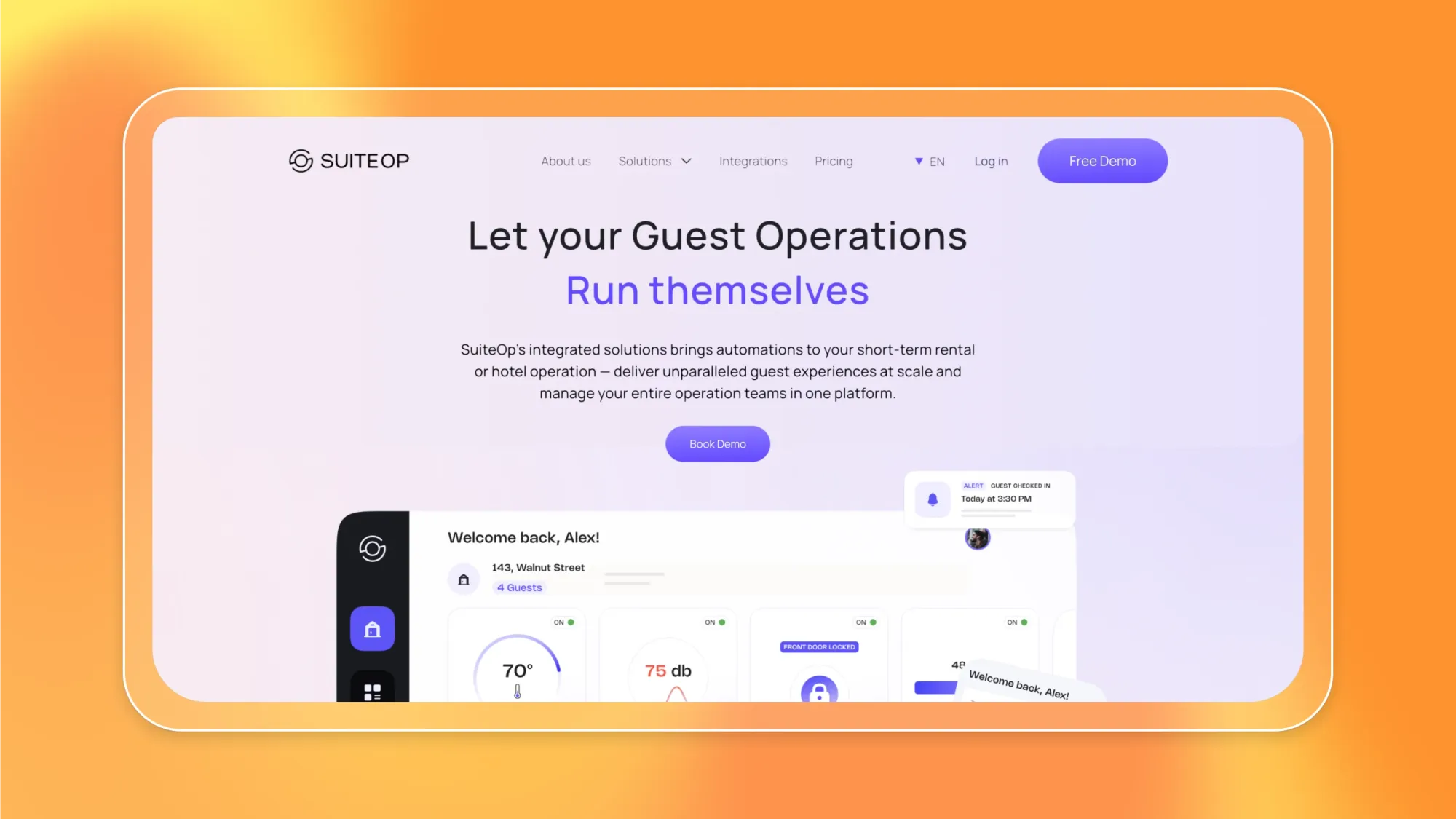 SuiteOp guest operations software homepage with text Let your Guest Operations Run themselves and Free Demo button above dashboard UI