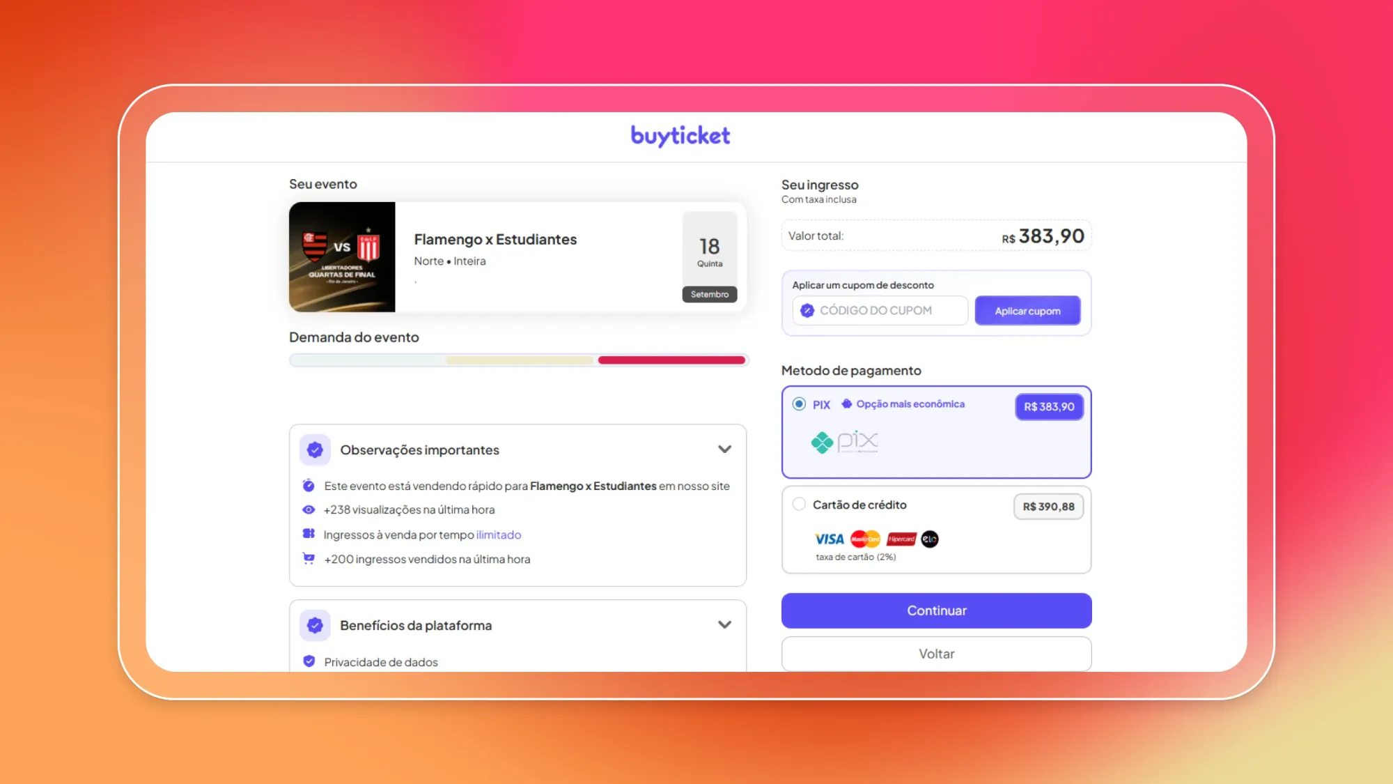 Buyticket checkout screen for Flamengo x Estudiantes tickets showing total R$ 383,90 with discount coupon field and PIX payment selected