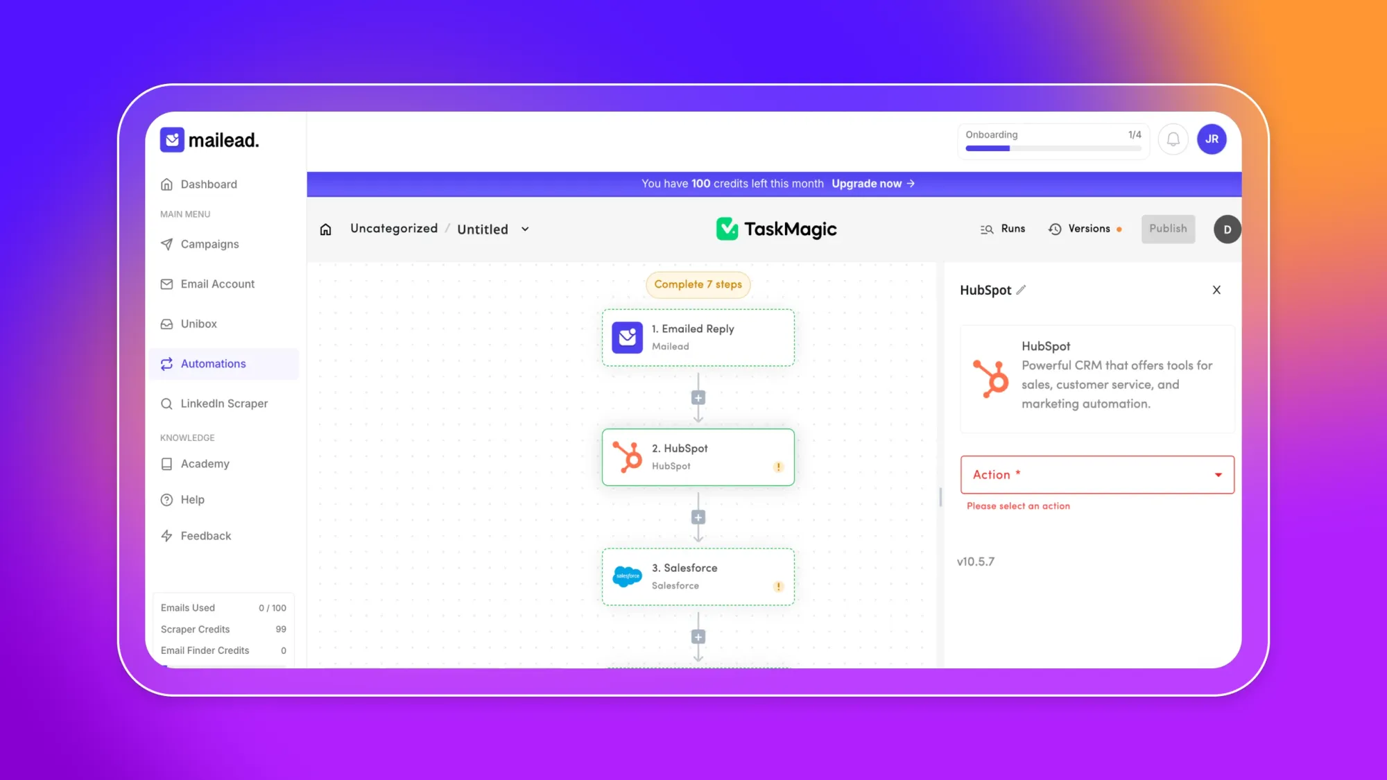 TaskMagic automation workflow in Mailead dashboard showing steps Emailed Reply, HubSpot, and Salesforce with HubSpot action panel open