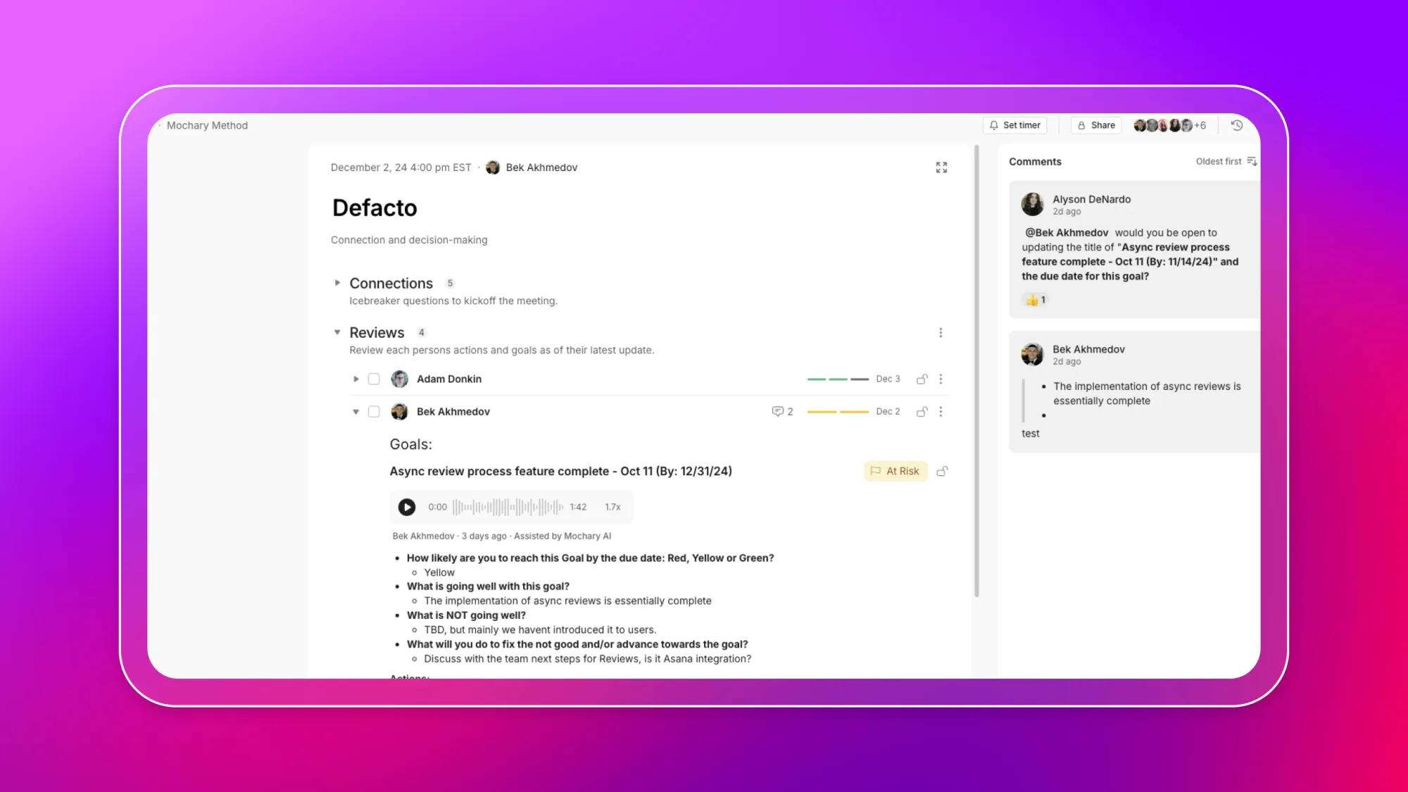 Meeting agenda screen titled Defacto showing participants list with roles and pre-write/pre-read status in a team collaboration app