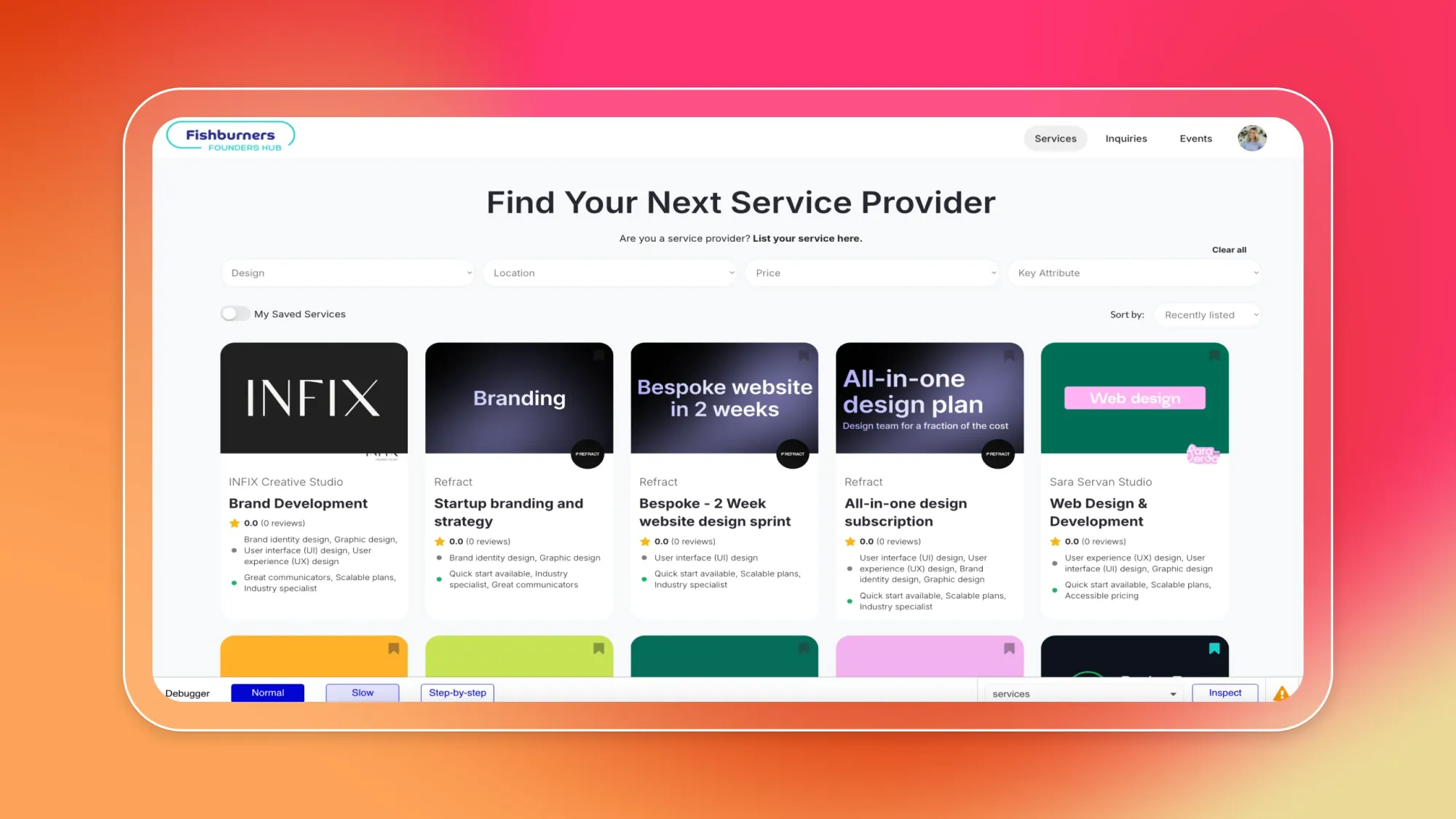Fishburners Founders Hub directory page with text Find Your Next Service Provider and cards for branding and web design services