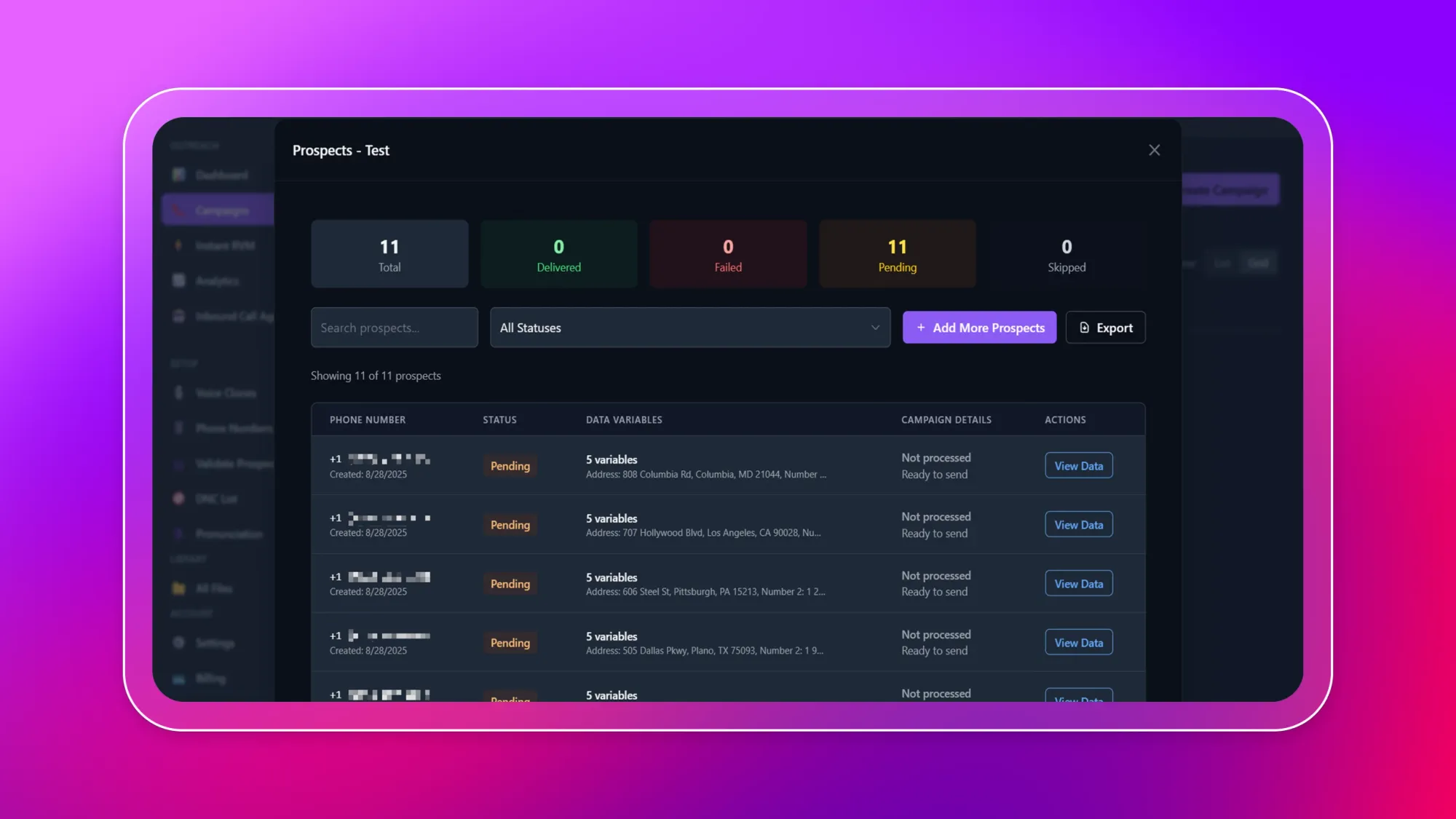 Prospects - Test dashboard showing 11 total prospects, 11 pending, with Add More Prospects and Export buttons and a table of phone numbers