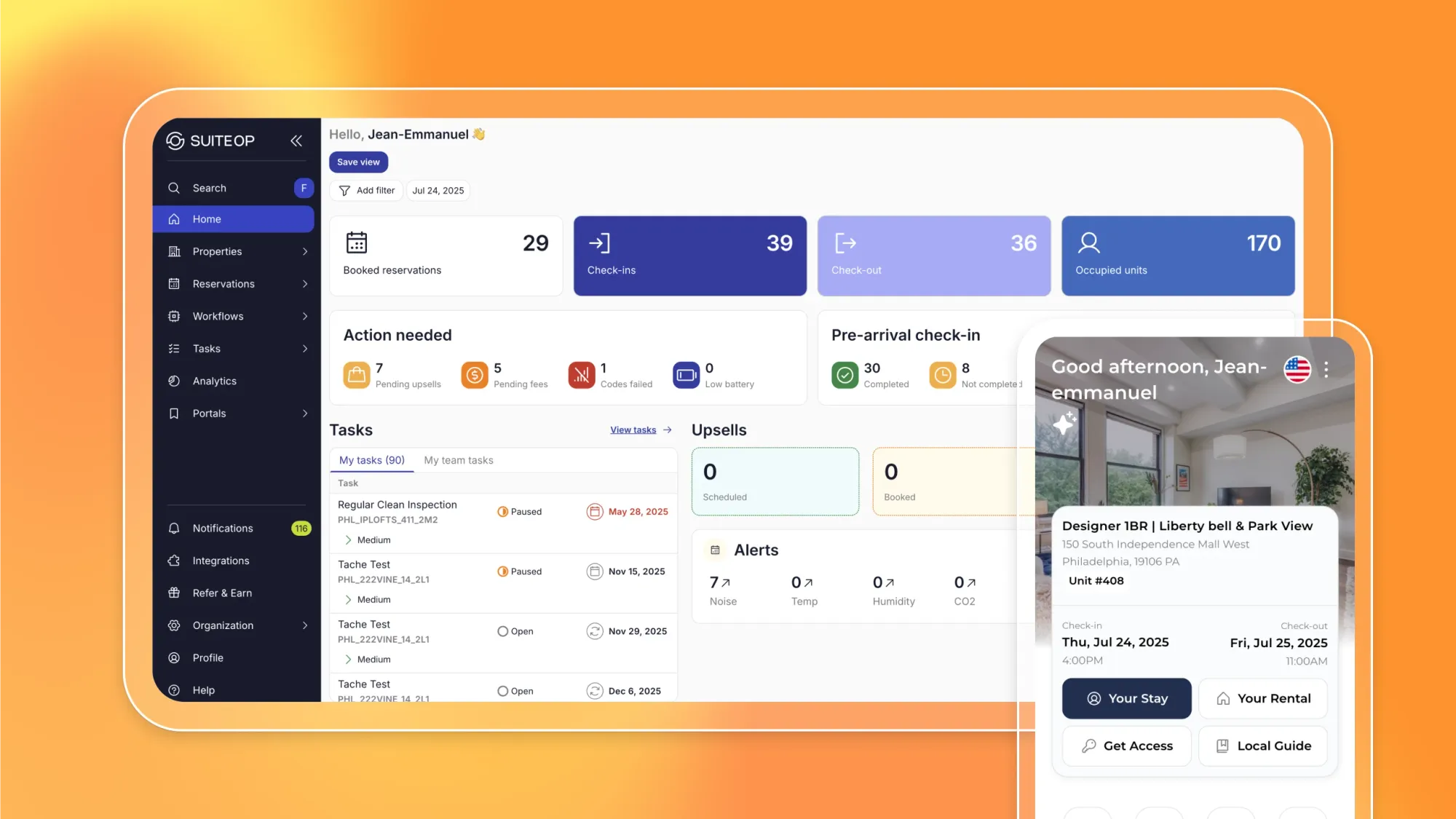 SuiteOp property management dashboard with reservations, check-ins and tasks, plus mobile guest app showing stay details and access buttons