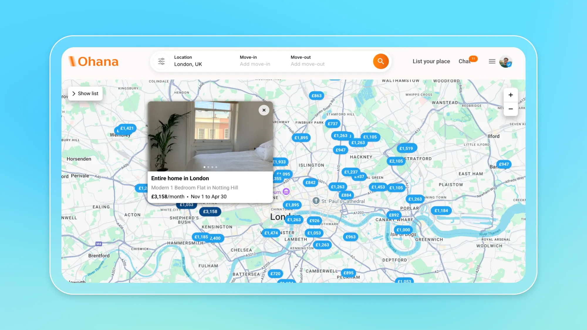 Ohana rental map of London with price pins and listing card for entire home in London, £3,158/month, Nov 1 to Apr 30