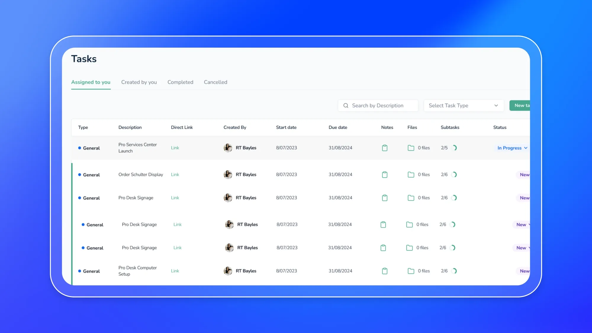 Tasks management dashboard showing assigned tasks list with status, due dates, subtasks, and filters like Search by Description and Select Task Type