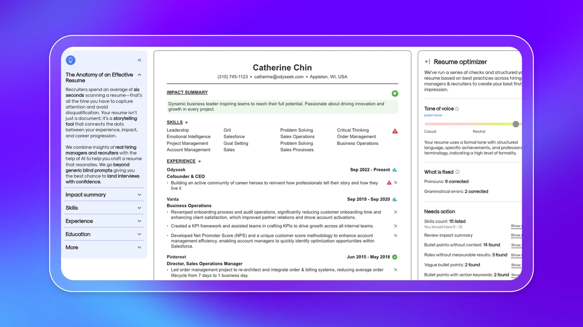Resume optimizer interface showing Catherine Chin resume with impact summary, skills, and experience plus tone of voice and fixes panel