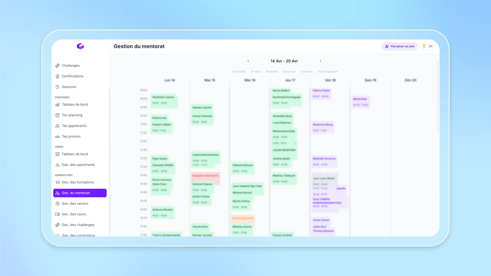 Mentorship management calendar dashboard showing weekly schedule 14–20 Apr with color-coded sessions and French sidebar menu Gestion du mentorat