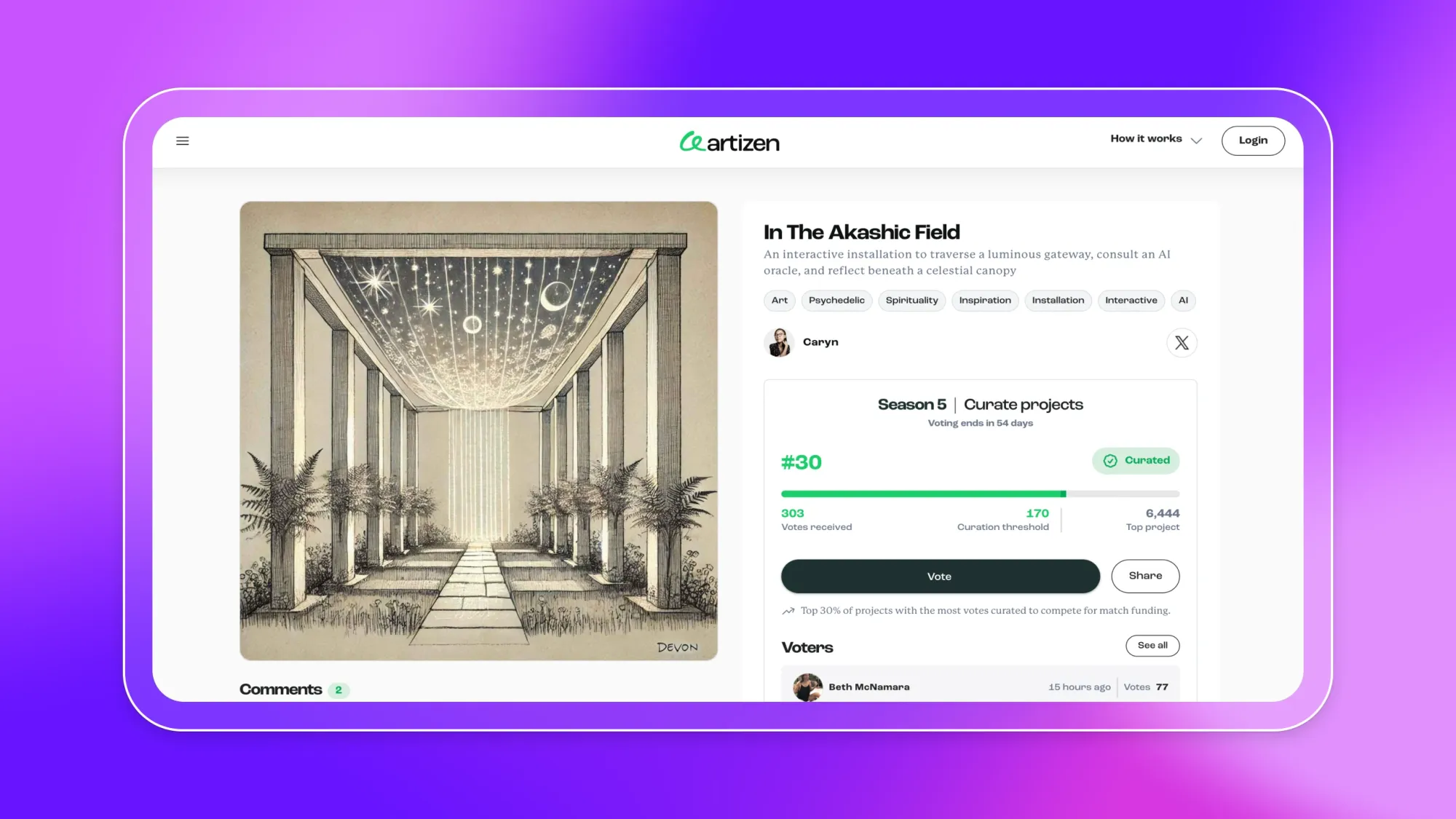 Artizen project page for In The Akashic Field, showing a surreal gateway artwork and Season 5 voting status with curated badge