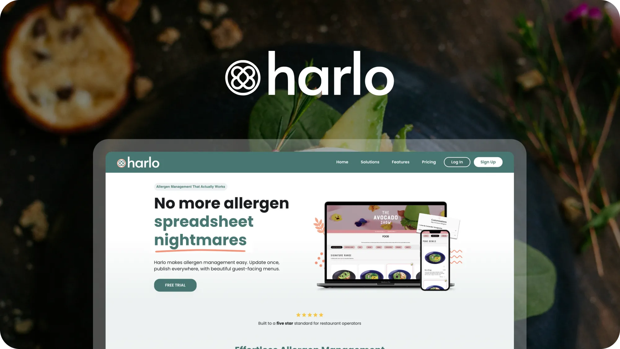 A screenshot of Harlo's landing page on a stock photo of produce.