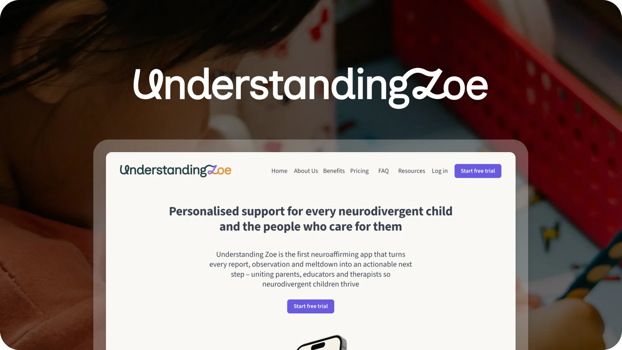 A screenshot of Understanding Zoe over a screenshot of a child doing homework.