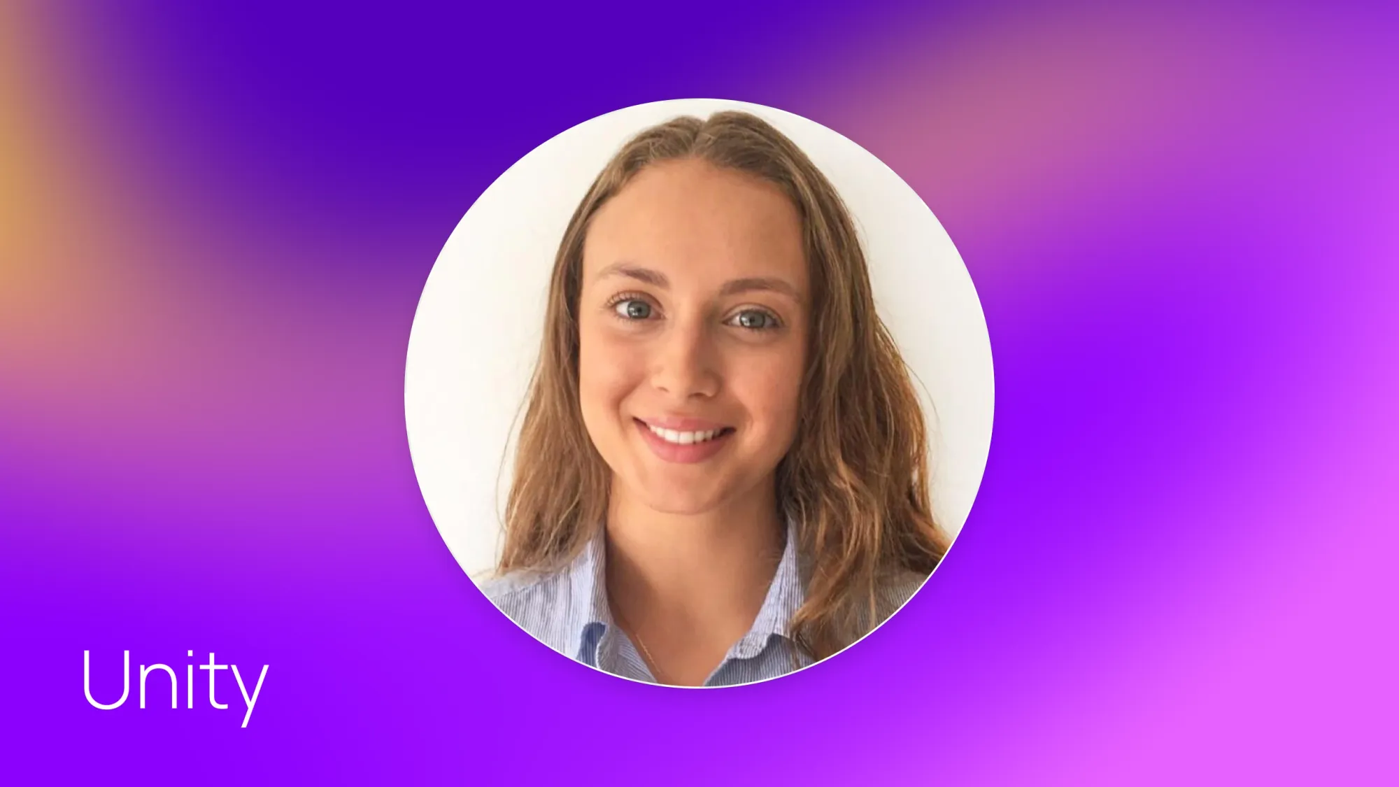 Smiling woman headshot in circular frame on purple gradient background with text Unity
