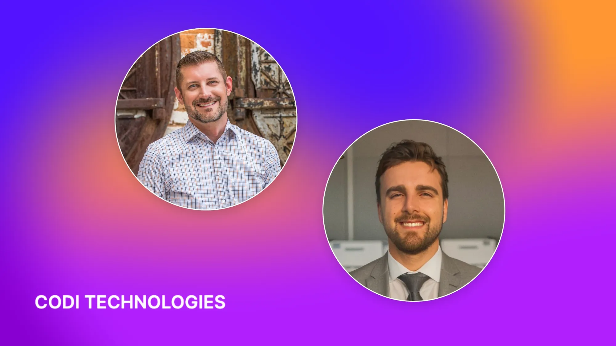Two professional headshots in circular frames on purple gradient background with text CODI TECHNOLOGIES