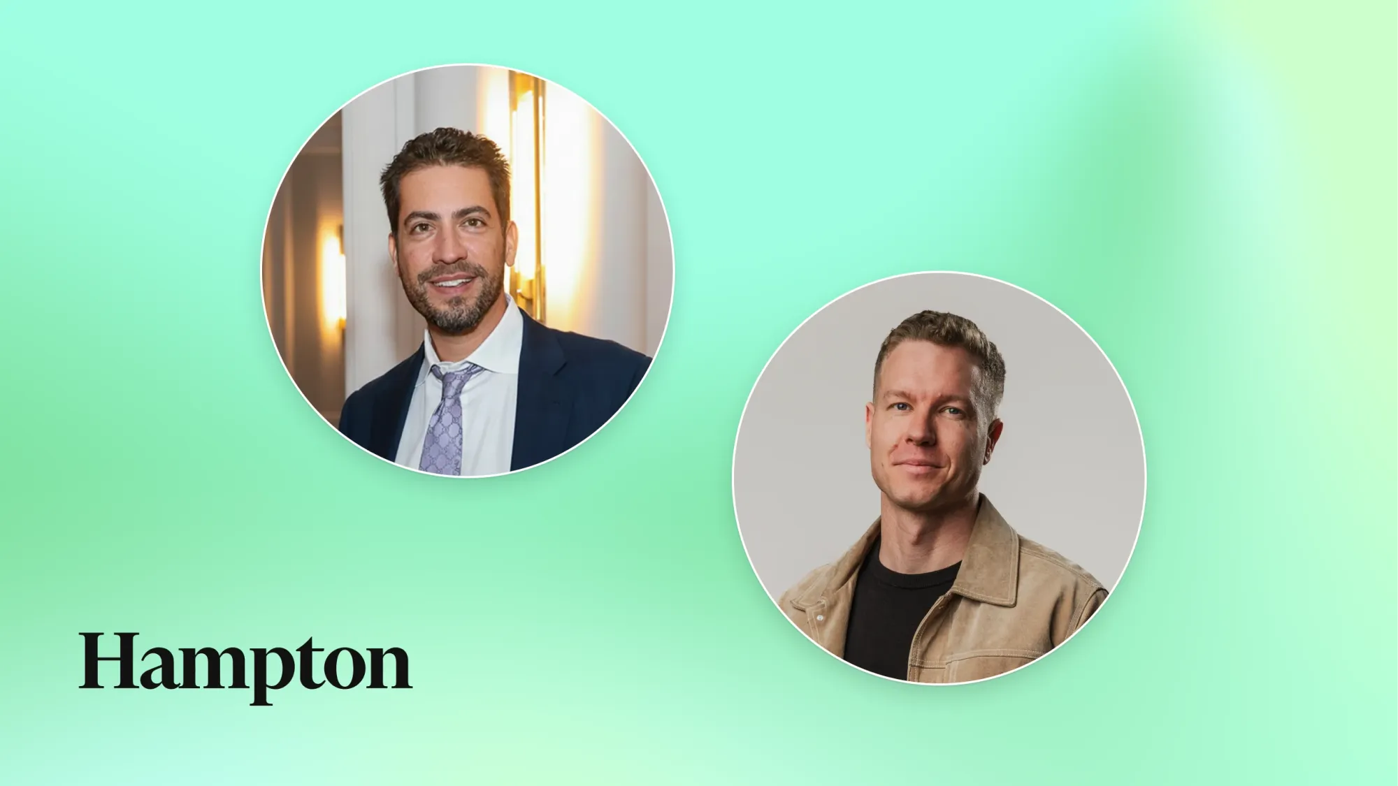 Two professional male headshots in circular frames on green gradient background with text Hampton