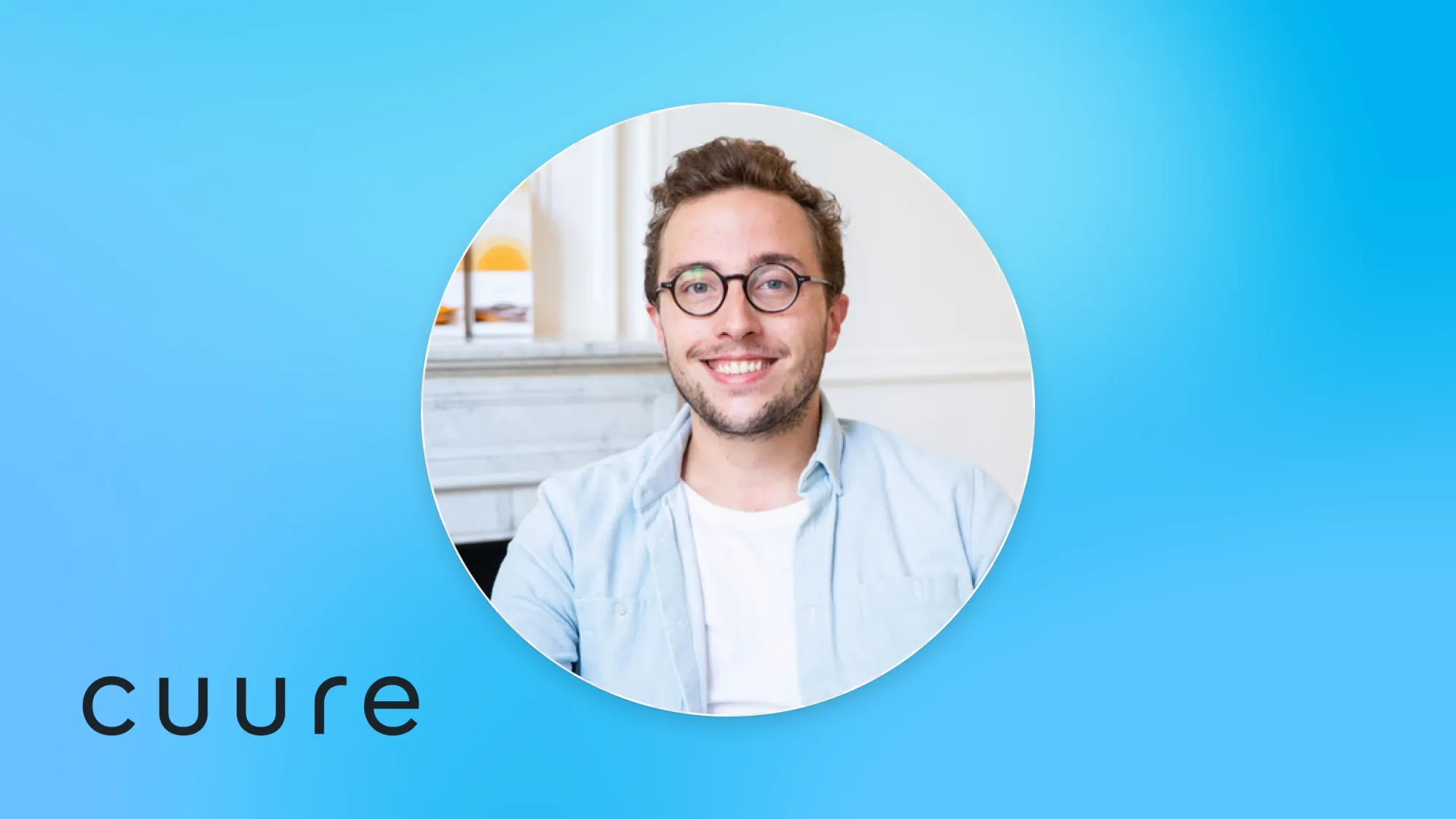 A headshot of Jules with the cuure logo on a blue background