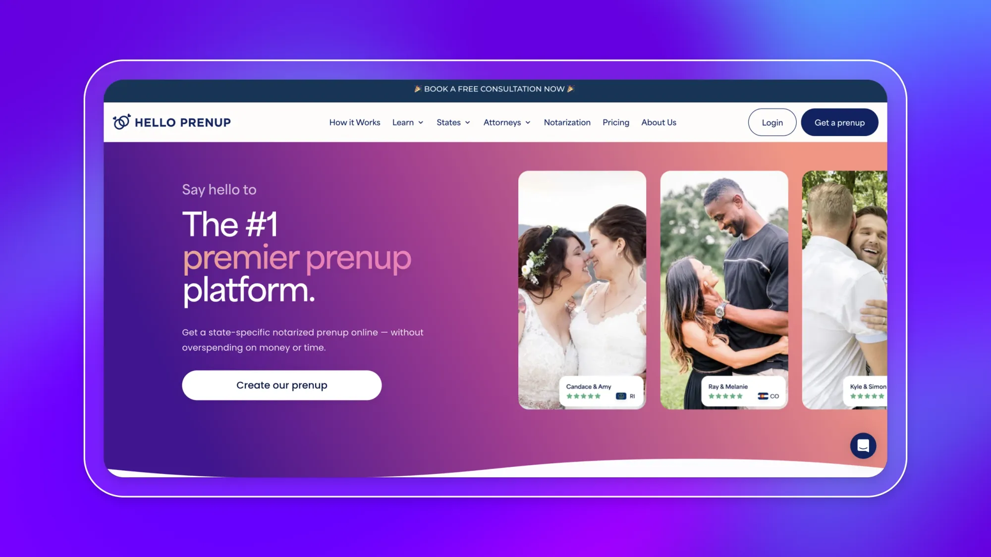 A screenshot of Hello Prenup's landing page