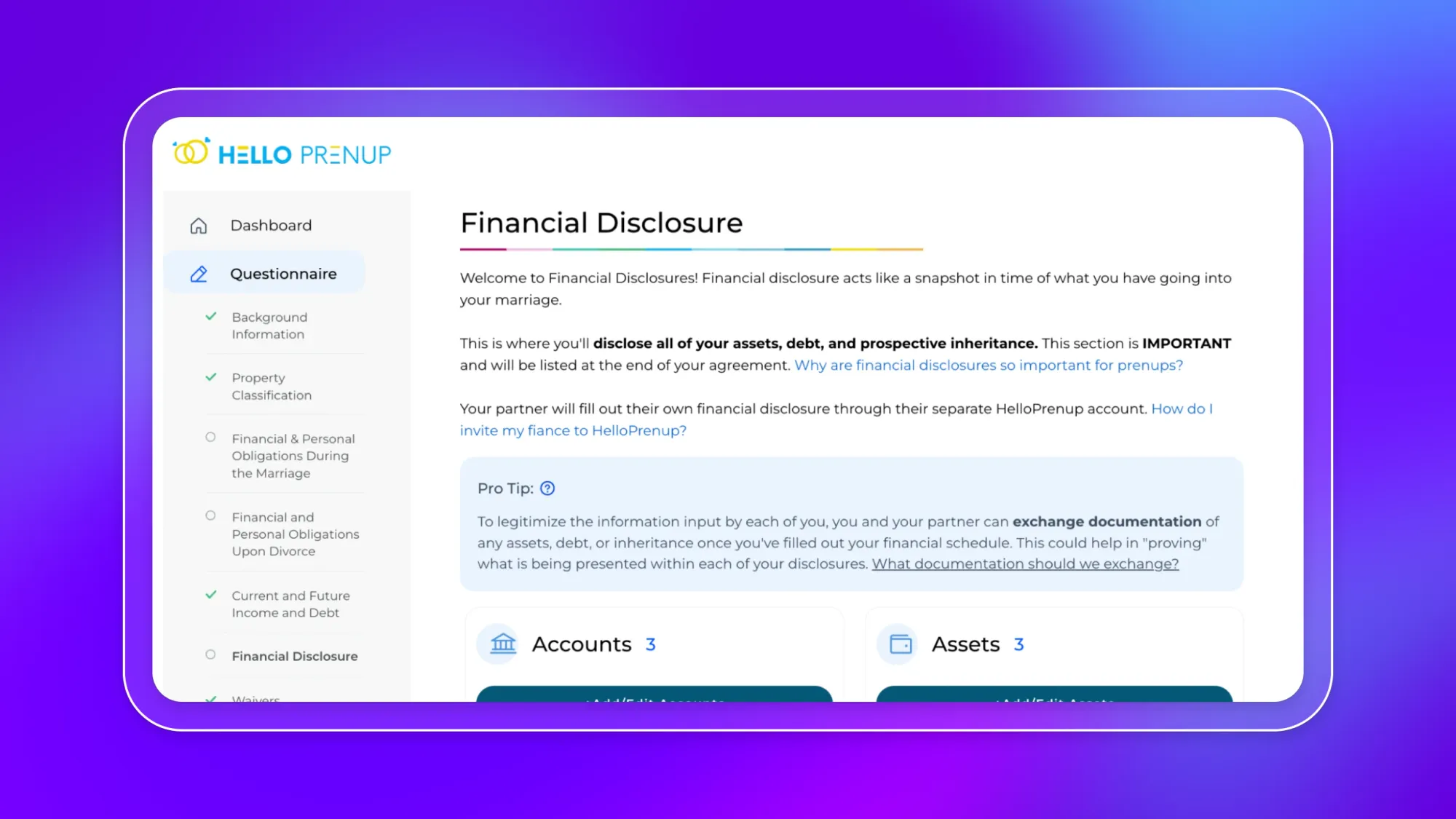 A screenshot of a prenup questionnaire