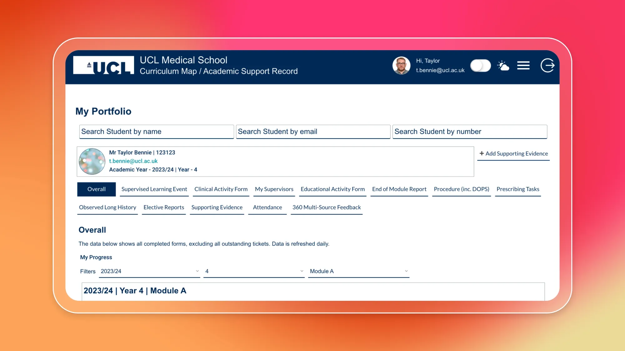 UCL Medical School My Portfolio dashboard showing student search fields, portfolio tabs, and progress for 2023/24 Year 4 Module A