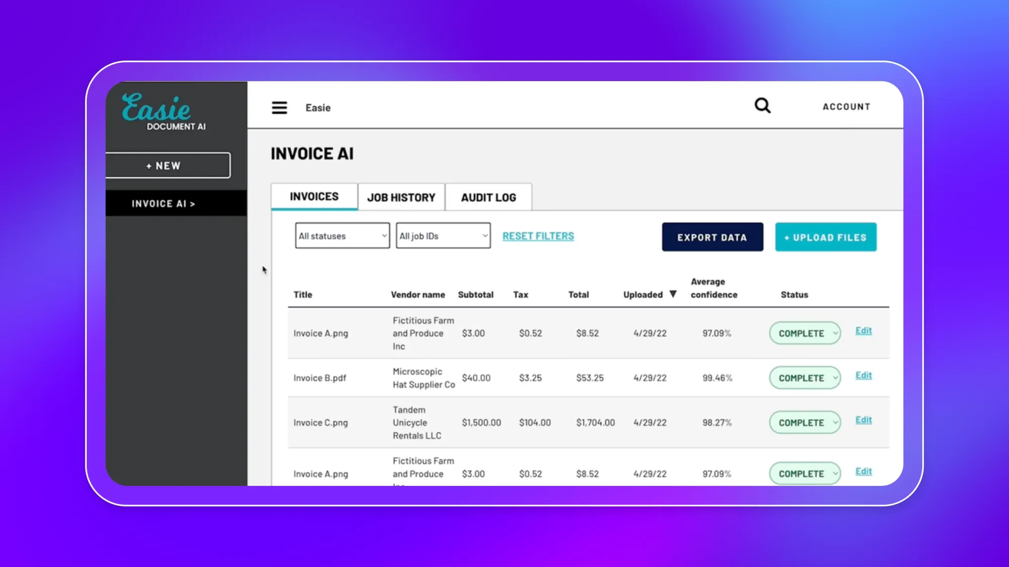 Easie Document AI Invoice AI dashboard showing invoice list, filters, export data and upload files buttons, and status marked Complete