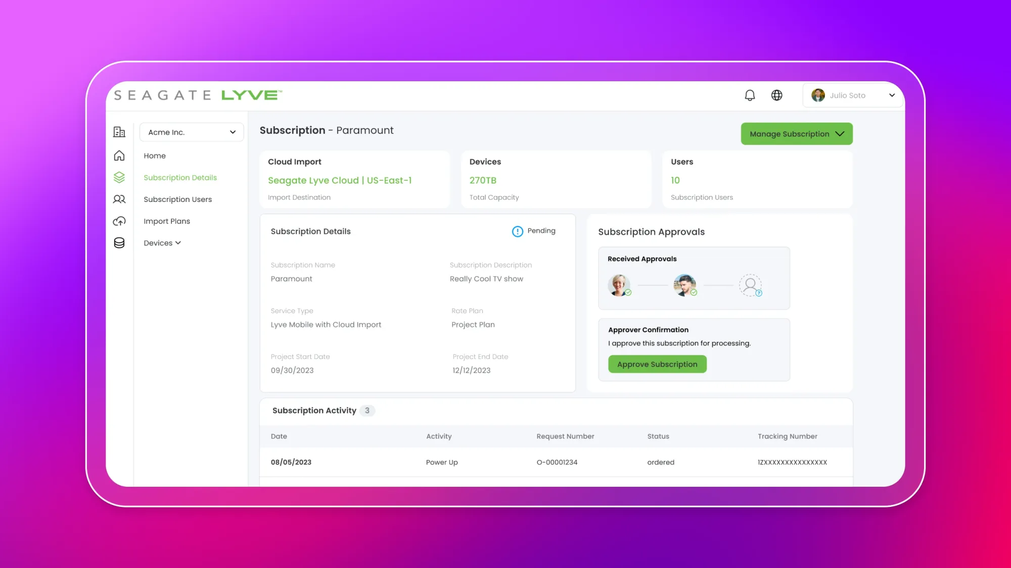 Seagate Lyve dashboard showing Subscription - Paramount details, cloud import, devices capacity, users, and approval workflow interface