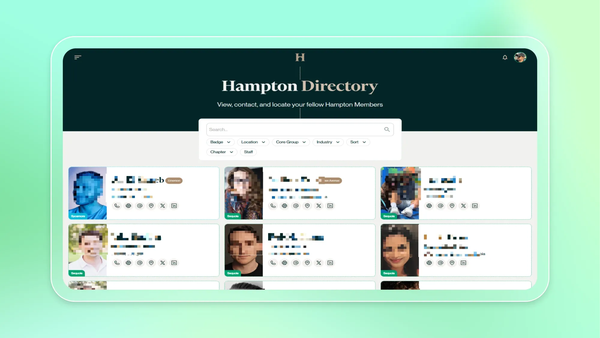 Hampton Directory member search page with filters and profile cards showing avatars and contact icons