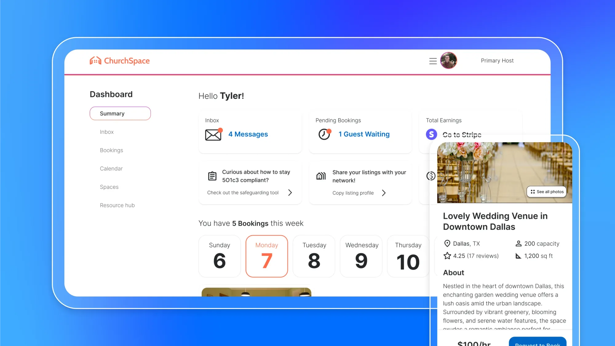 ChurchSpace dashboard showing messages, bookings calendar, and a listing card for Lovely Wedding Venue in Downtown Dallas, TX