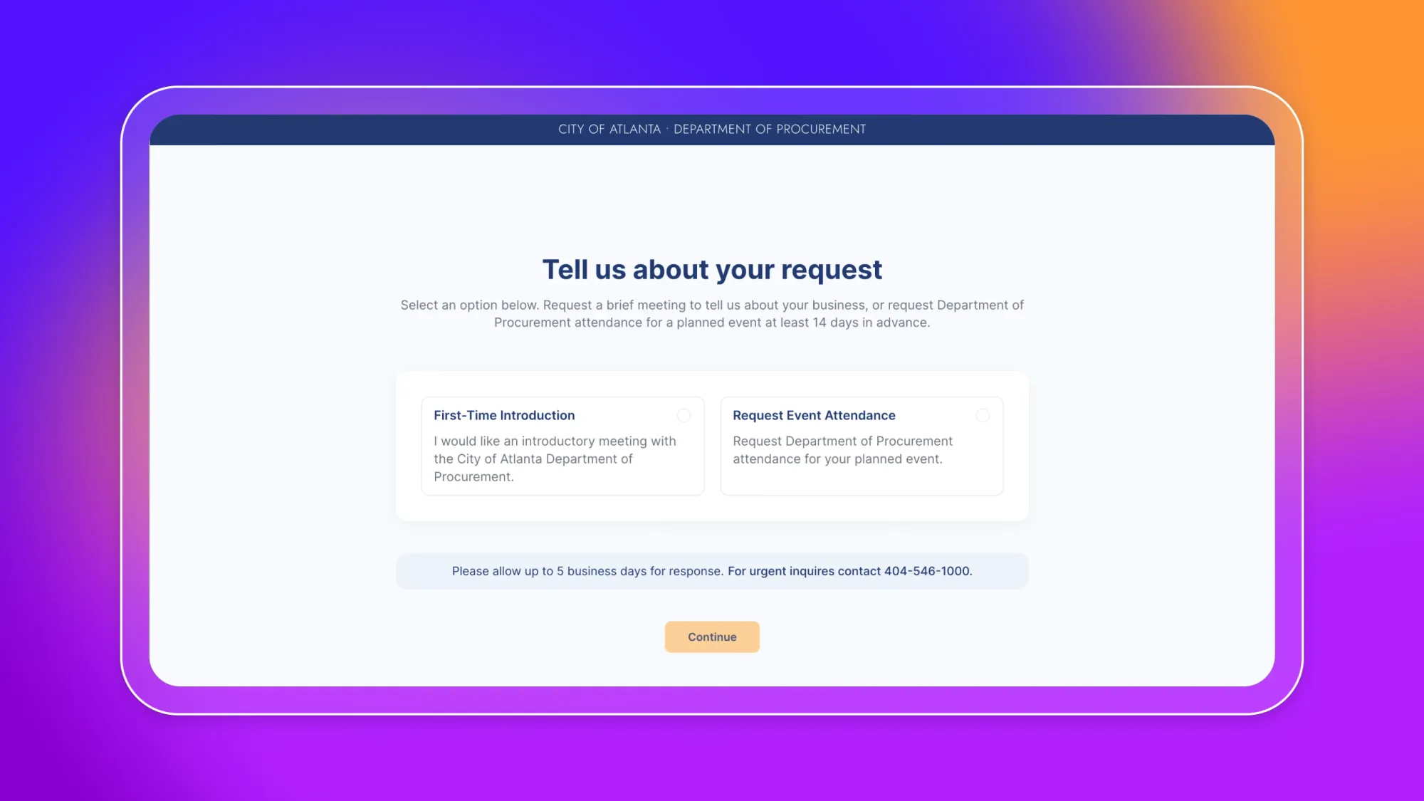 City of Atlanta Department of Procurement form: Tell us about your request, with options First-Time Introduction or Request Event Attendance