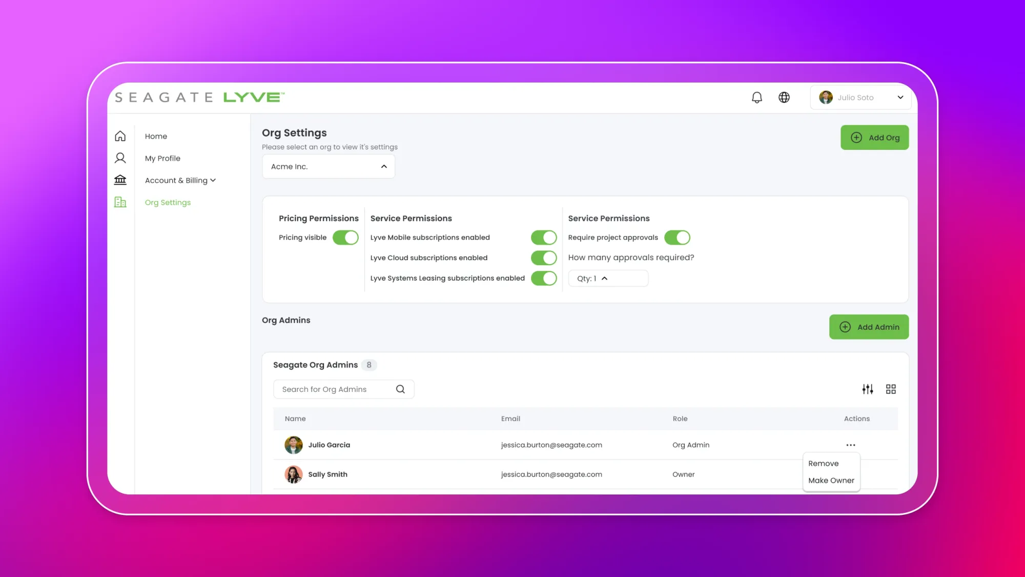 Seagate Lyve Org Settings dashboard showing pricing and service permission toggles and org admin list with Add Org and Add Admin buttons