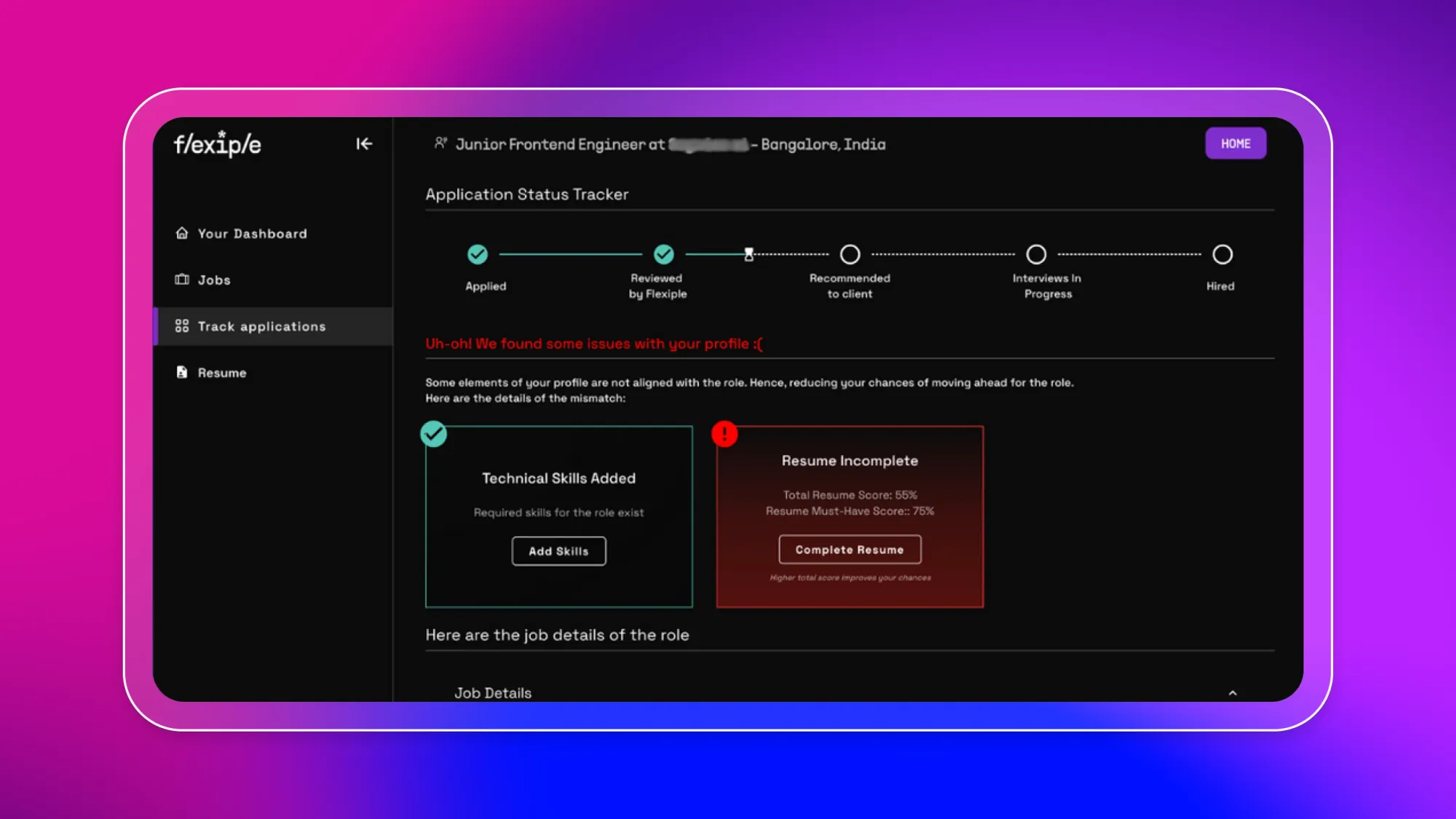 Flexiple application status tracker dashboard showing steps from Applied to Hired, with alerts for profile issues and resume incomplete