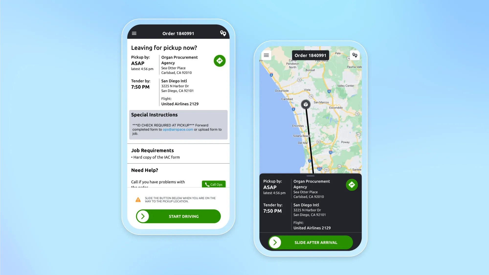 Two smartphone screens showing organ pickup order 1840991 details and a route map near San Diego with Start Driving and Slide After Arrival buttons