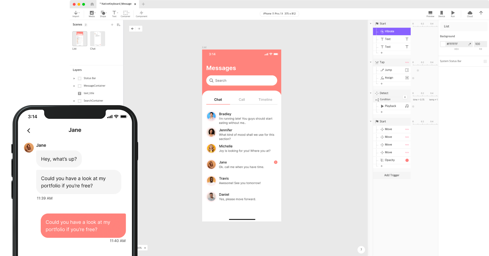 A message app mockup overlaid on ProtoPie's editor.