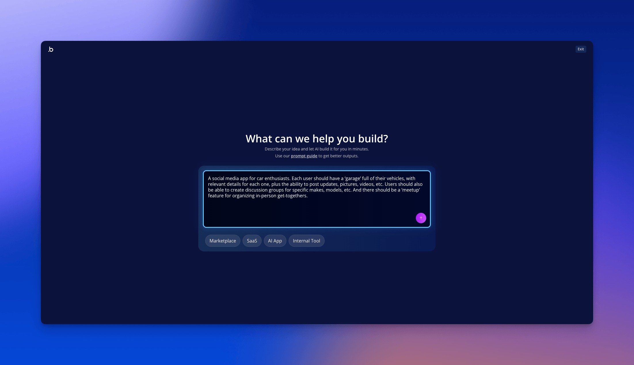 Entering a prompt for a social media app for car enthusiasts on Bubble.