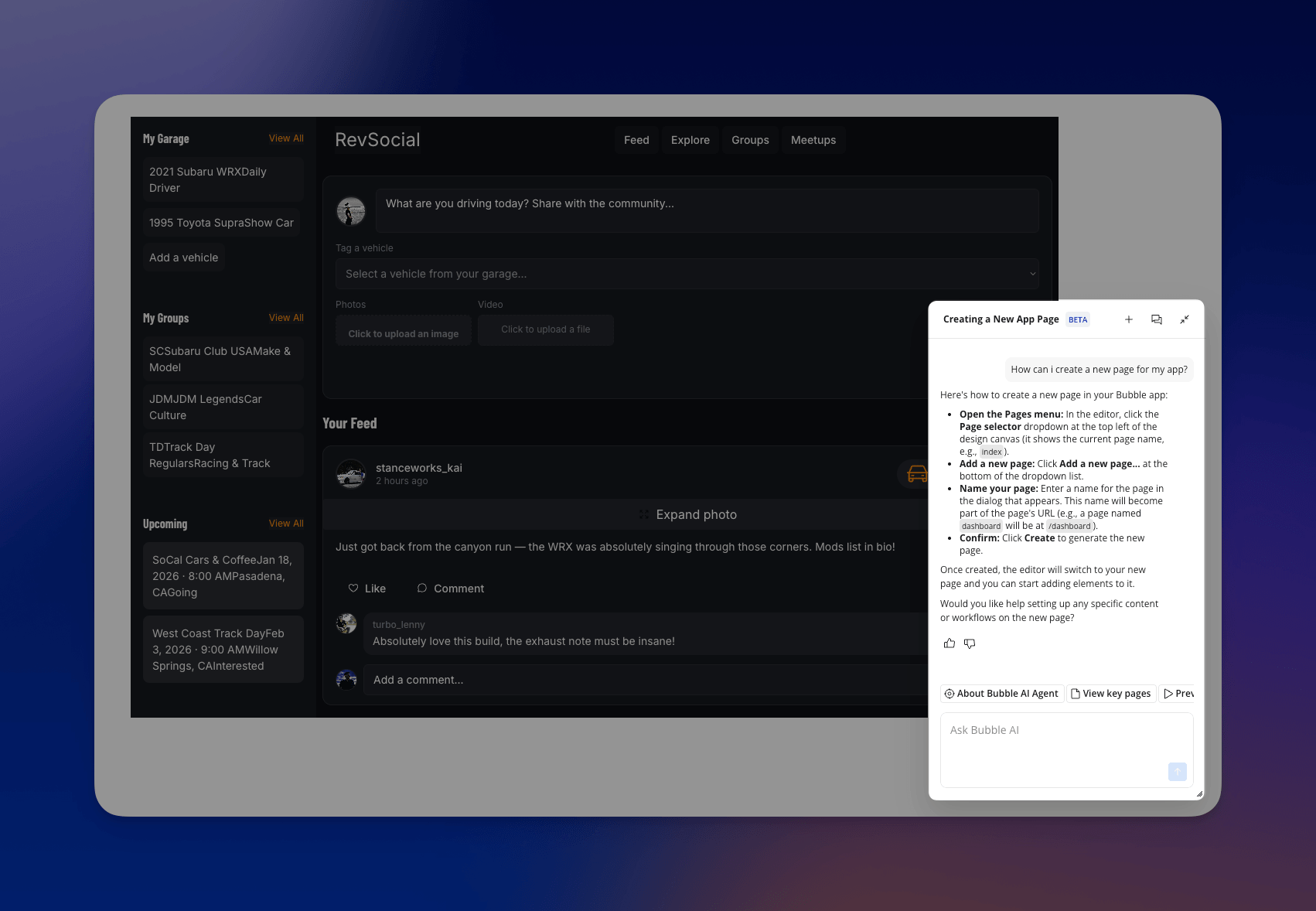 RevSocial web app dashboard with Bubble AI Agent chat titled Creating a New App Page, showing steps to create a new page in Bubble app
