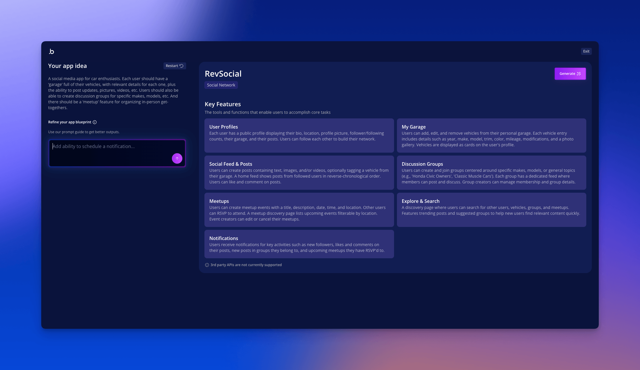 Bubble's blueprint with user stories and key features for a car social media app.