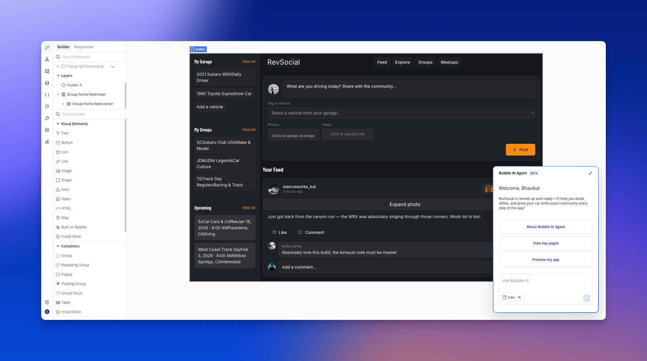 Bubble editor UI with RevSocial feed preview and Bubble AI Agent chat panel, showing “Welcome, Bhavika!” and a Post button