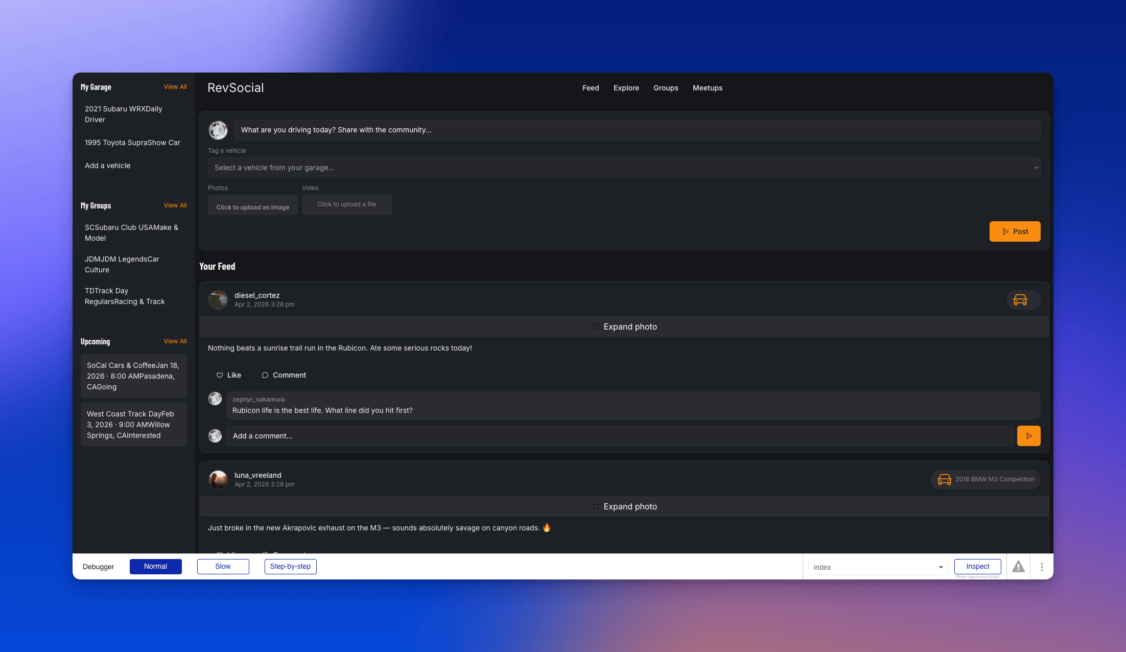 RevSocial dark-mode car community app feed with My Garage sidebar and post box text What are you driving today? Share with the community...