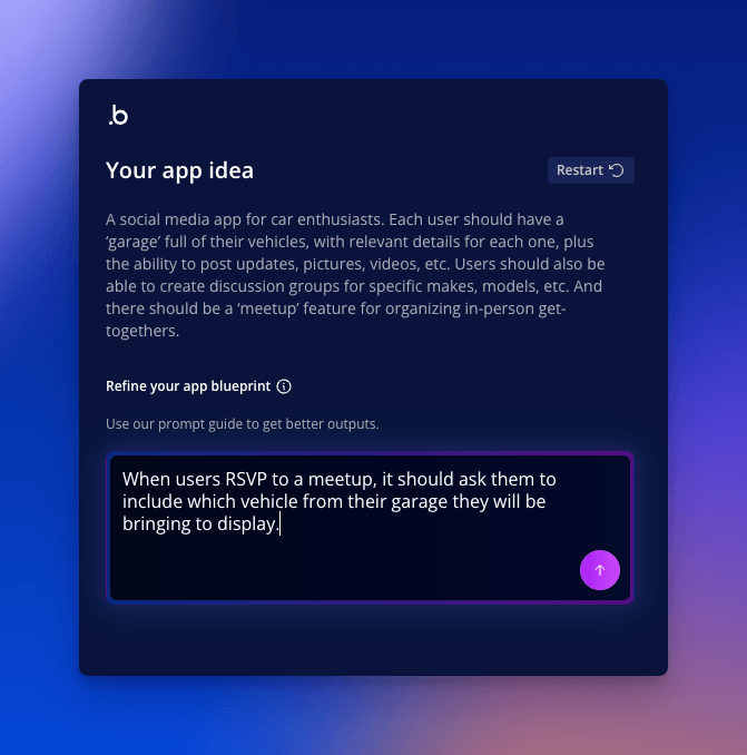 App idea editor screen on Bubble, refining a car enthusiasts social media app blueprint with meetup RSVP vehicle selection text box