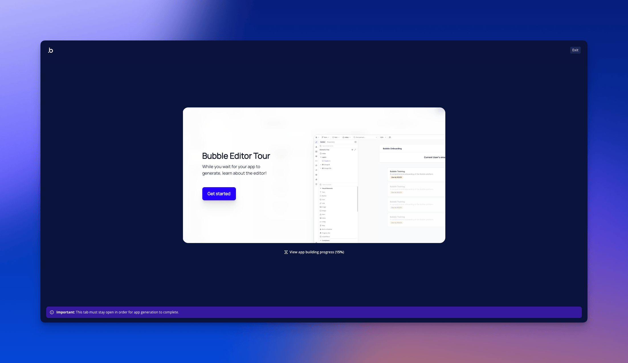 Bubble Editor Tour screen with Get started button and editor preview while app generates, progress shown at 15%