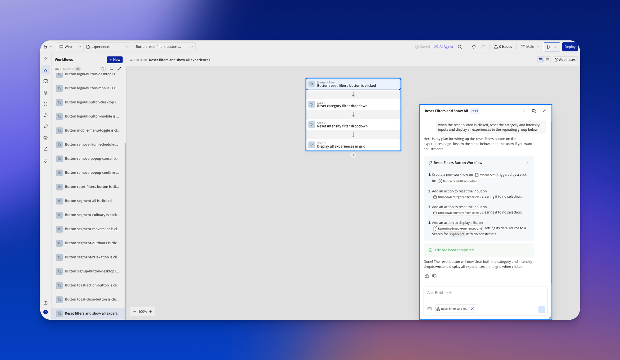 Bubble workflows editor showing “Reset filters and show all experiences” steps and Bubble AI Agent panel for reset-filters-button workflow