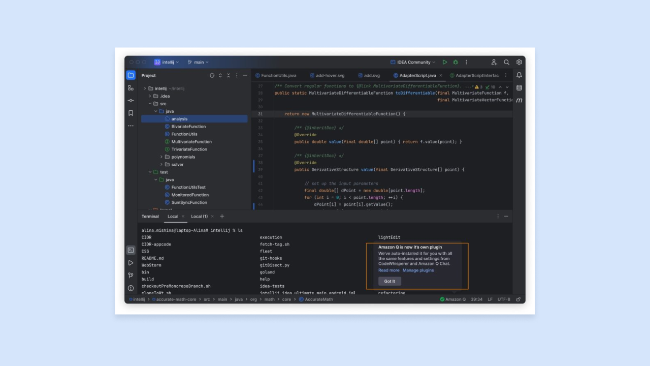 Code editor with Java file open and popup reading Amazon Q is now in this plugin with links to Read more and Manage plugins