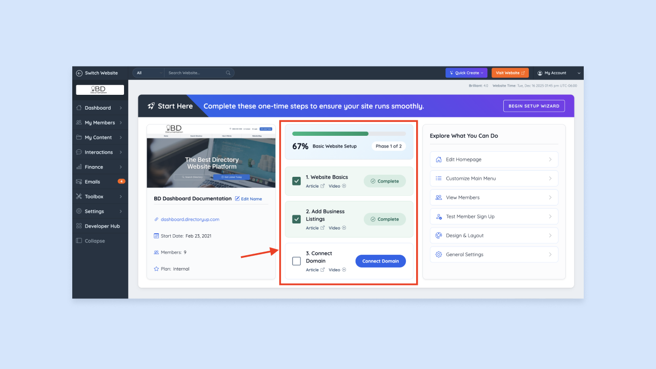 Brilliant Directories dashboard showing setup checklist at 67% complete with steps for website basics, listings, and connect domain