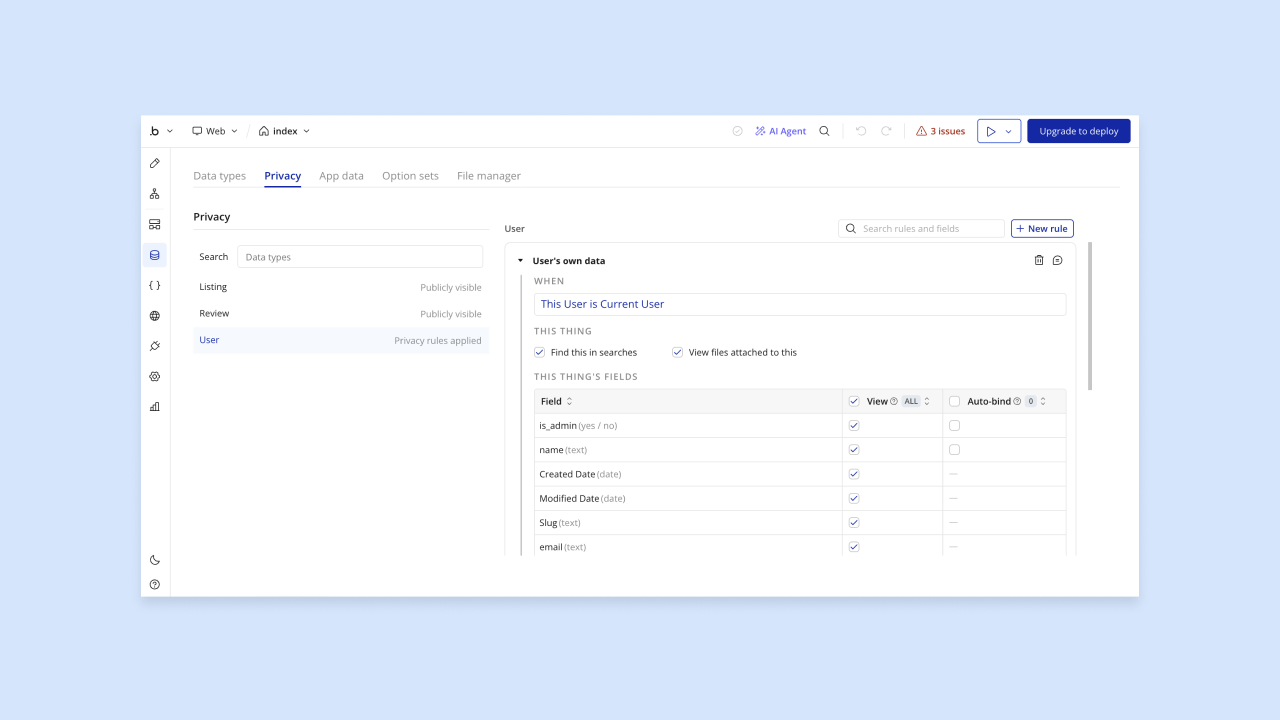 Bubble editor Privacy tab showing User data privacy rules, searchable fields, and view permissions panel