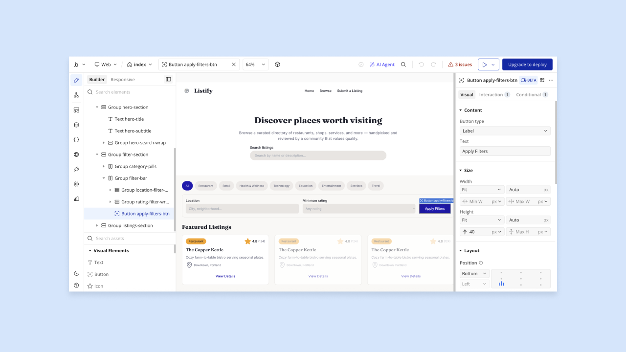 Bubble builder editing Listify directory homepage, highlighting Apply Filters button and category pills for featured listings