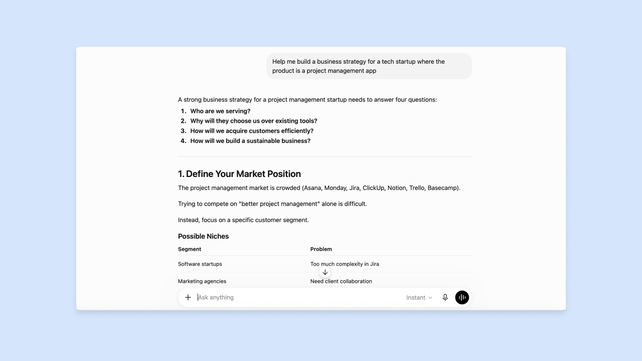 ChatGPT response outlining business strategy for a project management app startup, with market positioning section and niche table