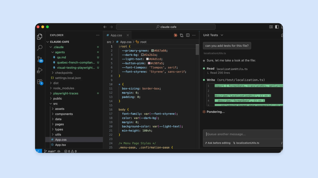 Claude Code project with App.css open and Unit Tests panel generating localizationUtils.ts tests from a prompt