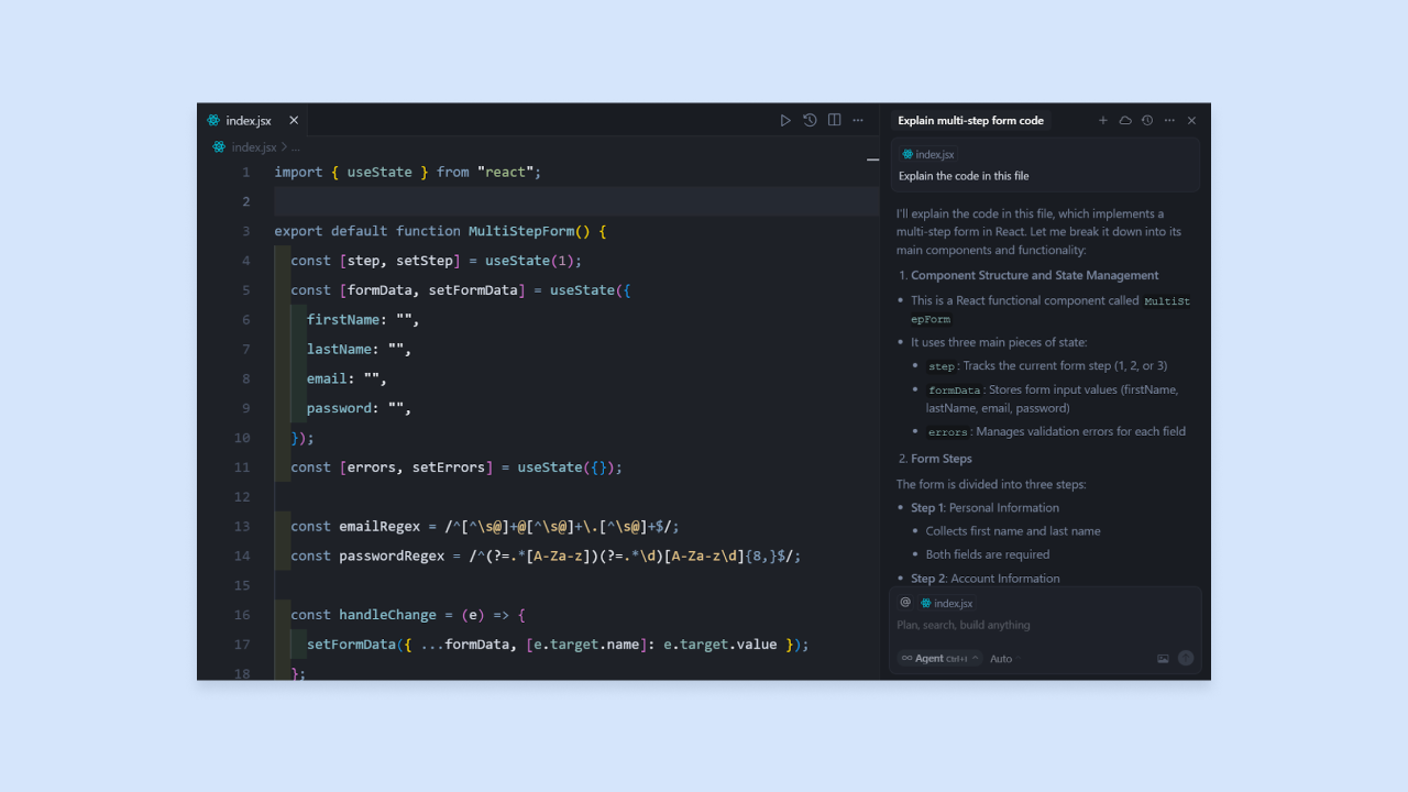 Cursor showing React multi-step form code in index.jsx with AI panel titled Explain multi-step form code and step-by-step notes