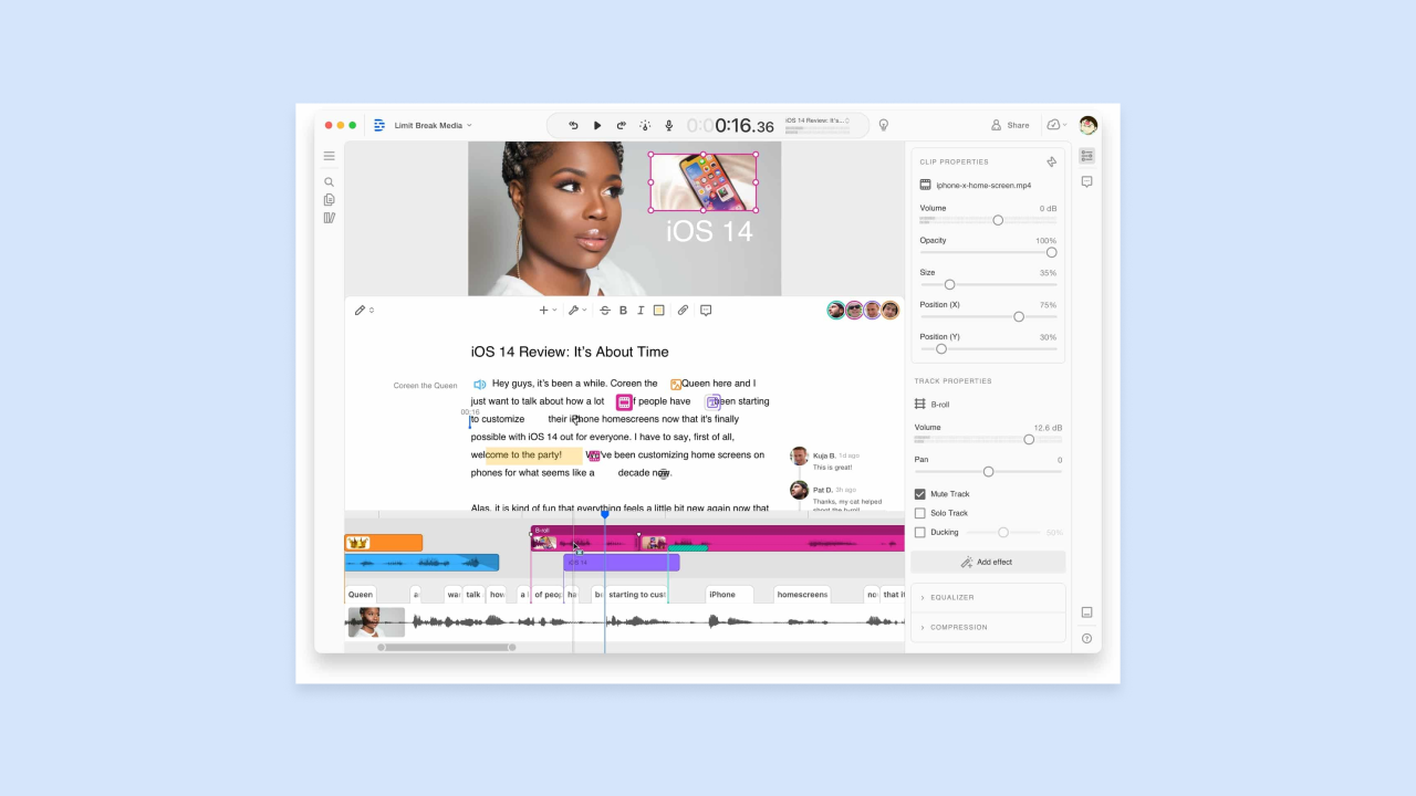 Descript editor showing iOS 14 review video with woman’s face, transcript, multitrack timeline, and clip properties panel
