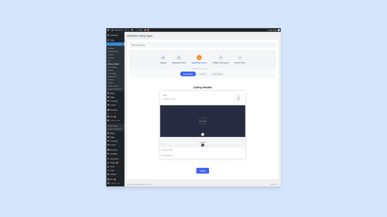 Directorist WordPress dashboard showing Add/Edit Listing Types with Single Page Layout and Listing Header editor panel