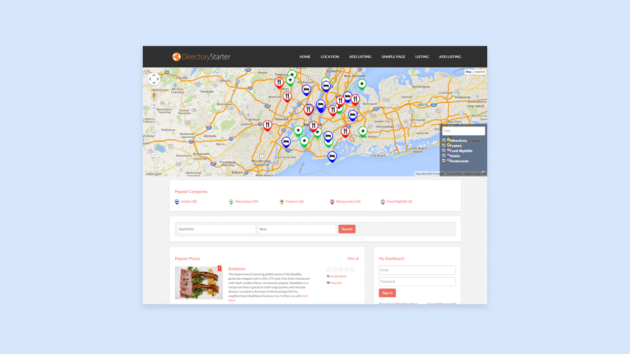 GeoDirectory-built local business directory website with NYC map markers, category filter, search bar, and popular places listings