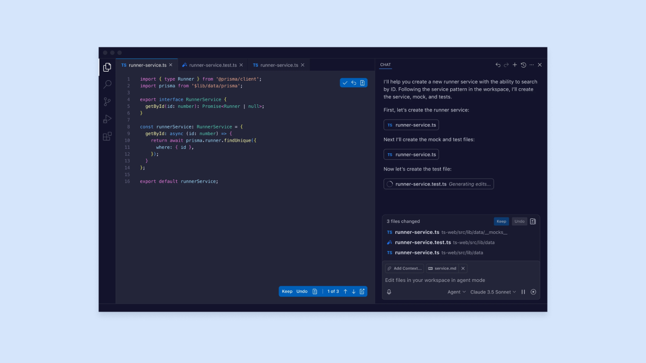 VS Code with GitHub Copilot chat generating TypeScript runner-service.ts and tests, showing file changes and keep/undo controls