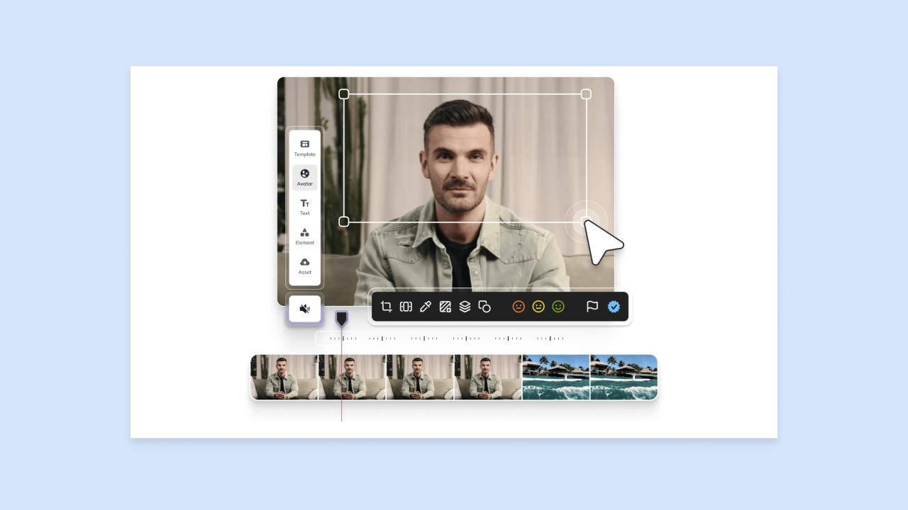 Video editor interface with a man on camera, crop handles, timeline thumbnails, and tools for template, avatar, text, and elements